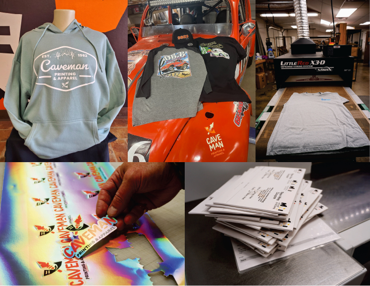 A collage of products offered by Caveman Printing