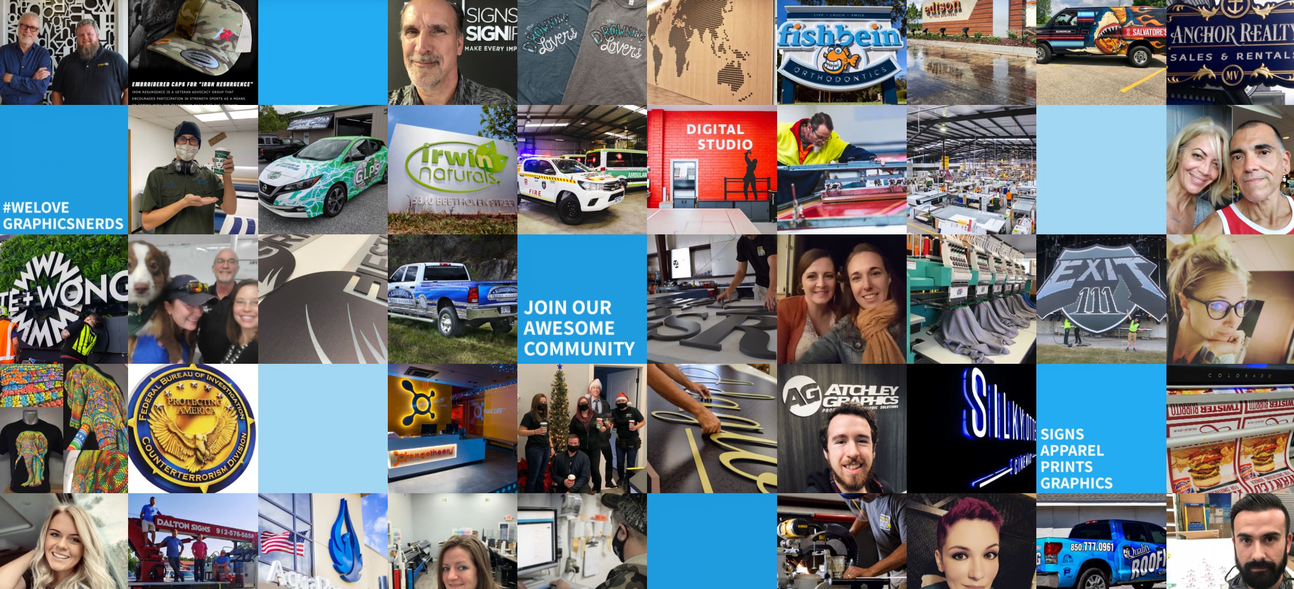 photo grid of many images of shopVOX customers and their projects including signs vehicle wraps custom printed apparel screen printed t-shirts and selfies of shopVOX customers