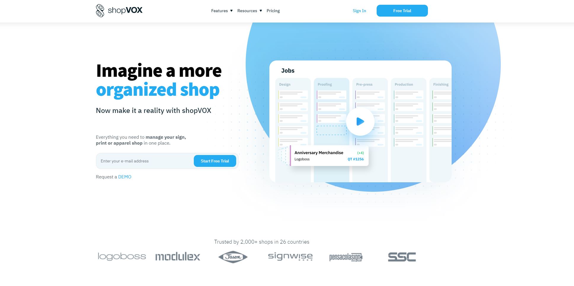 shopVOX Homepage showing the header text Imagine a more organized shop with the animation thumbnail