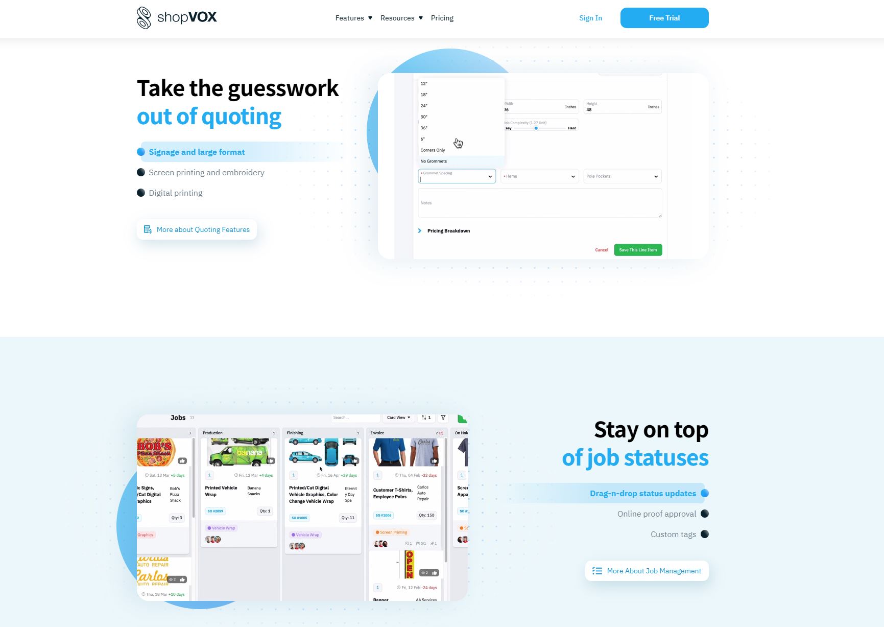 shopVOX homepage showing the quoting feature and job tracking feature on the online job board