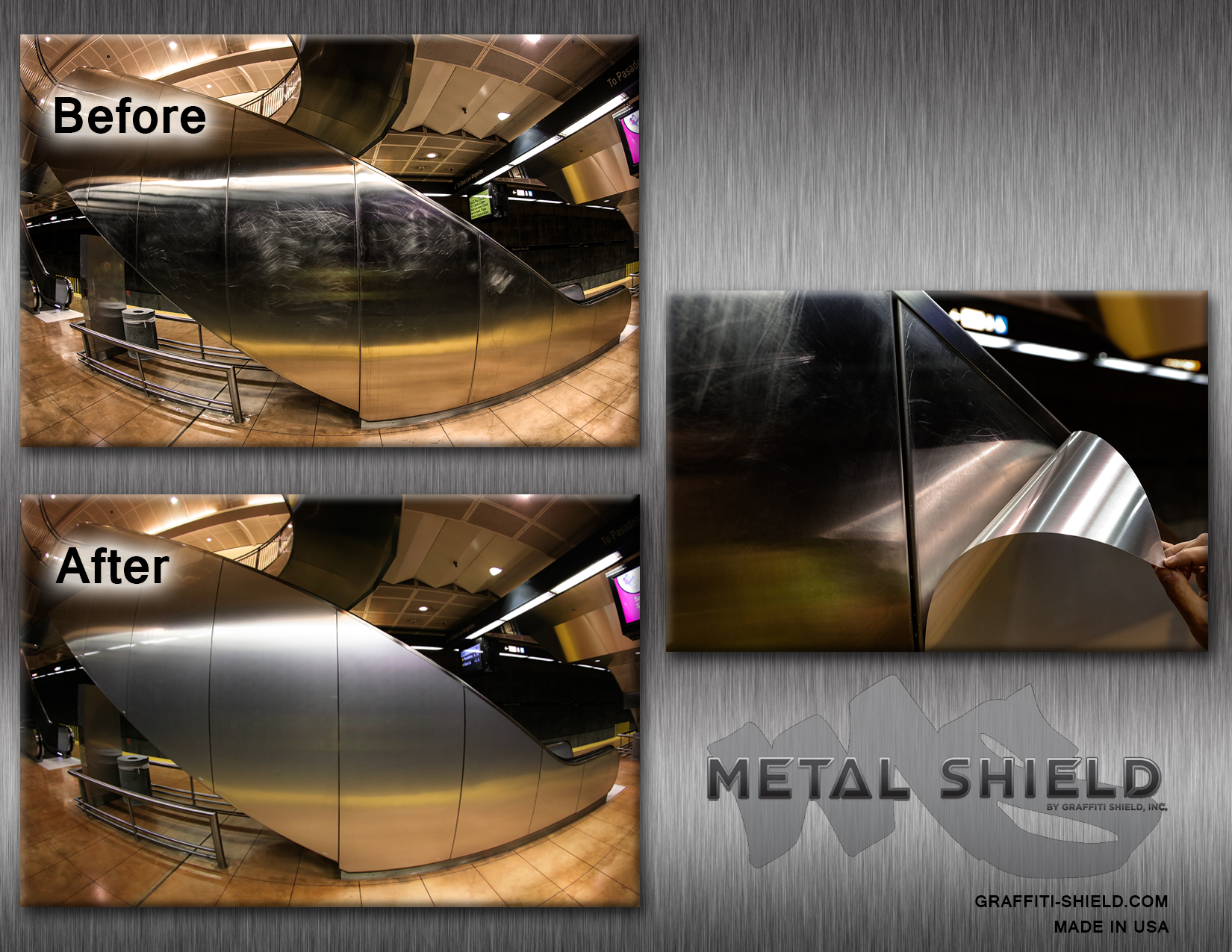 before and after photo of metal shield on the side of a metal escalator