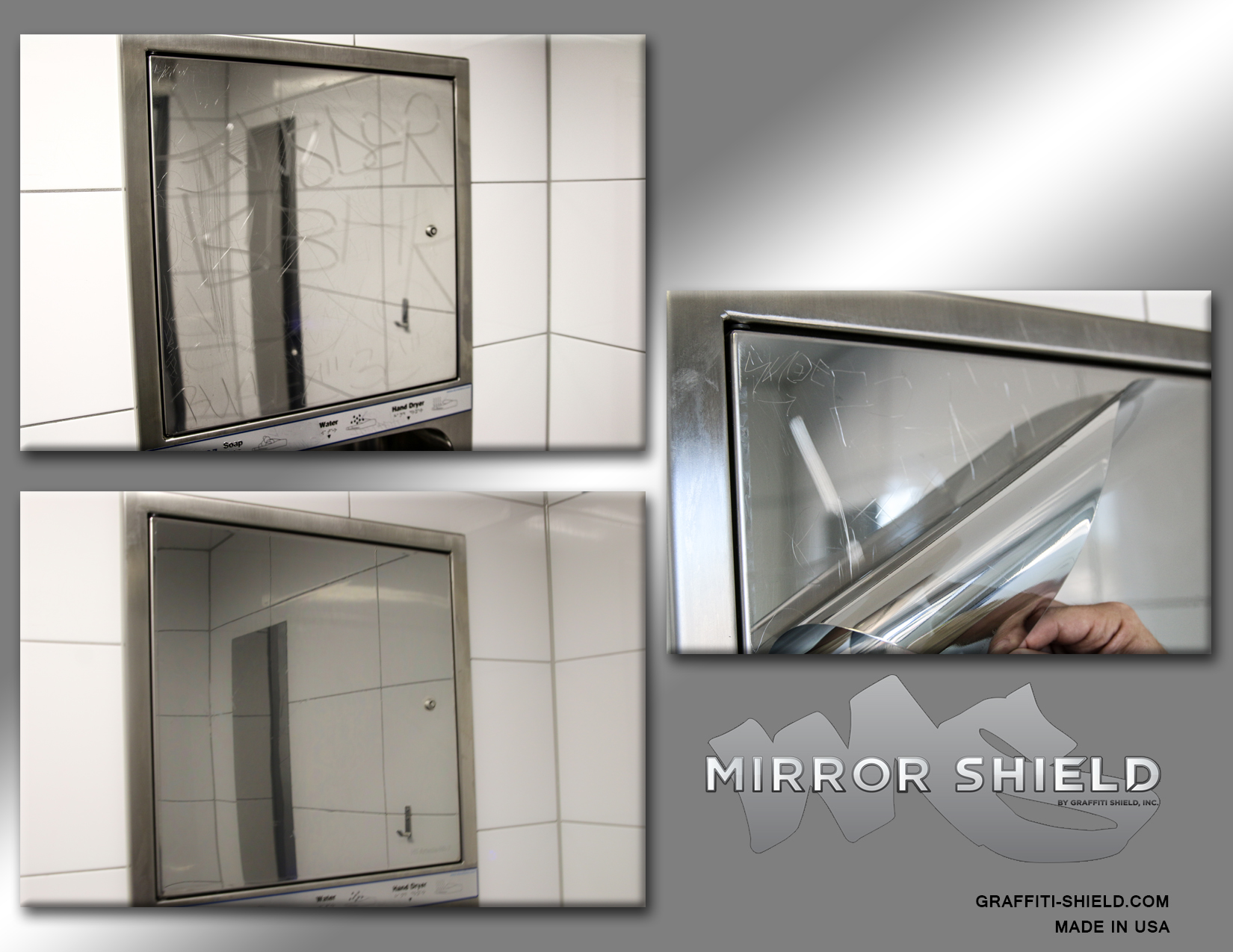mirror shield applied to a mirror in a public restroom