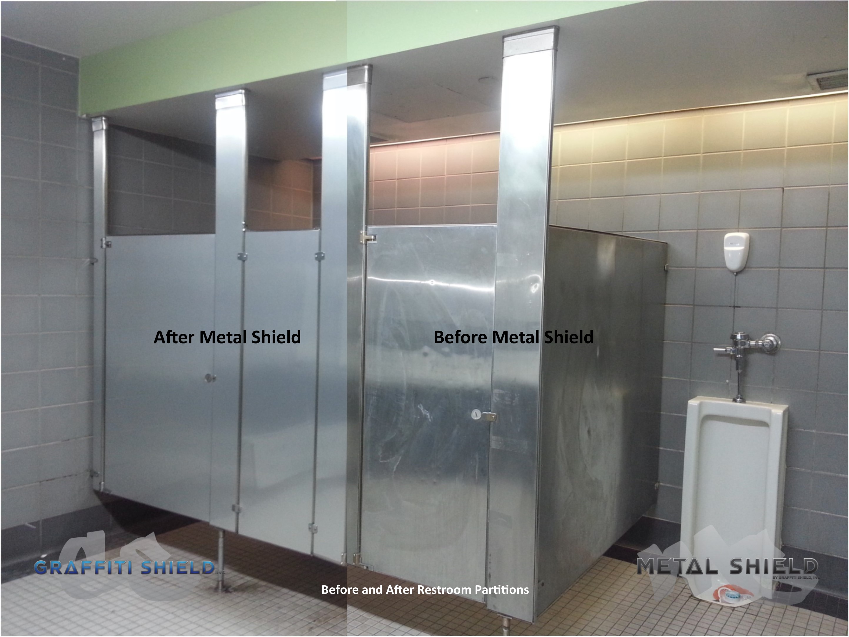 before and after photo of metal shield applied to public bathroom stall doors