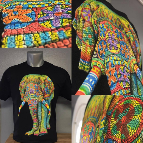 detailed screen printing on black t-shirt showing rainbow colored elephant graphic.