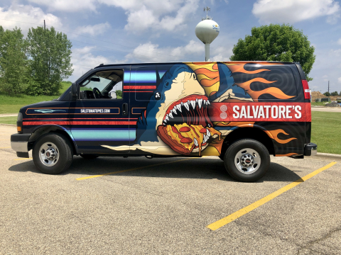 van wrap graphics for pizza restaurant.