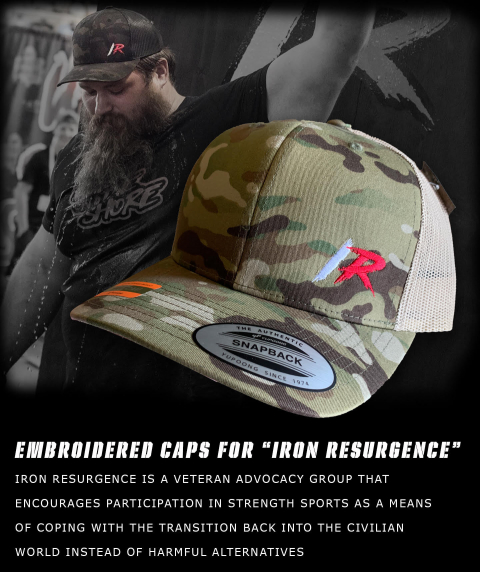 embroidered hats for iron resurgence created by red sea marketing.