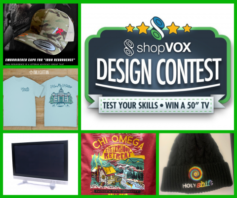 shopVOX design contest apparel finalists with embroidered hats and screen printed t-shirts.