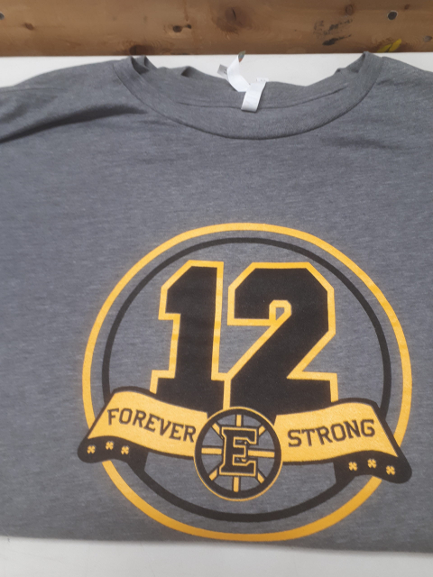 Screen print of the number 12 with forever strong under it.