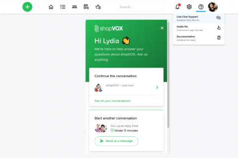 shopVOX interface showing chat support.
