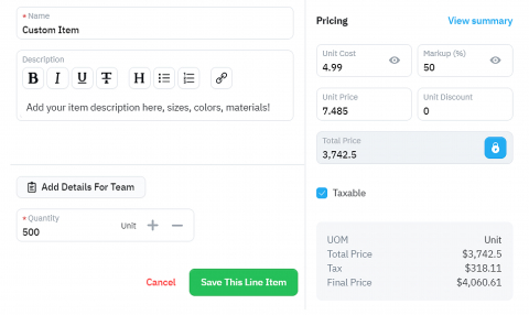 shopVOX custom line item with item pricing customization.