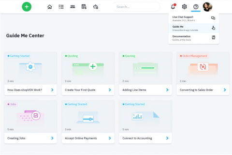 shopVOX interface showing guide me center for onboarding shop management software.