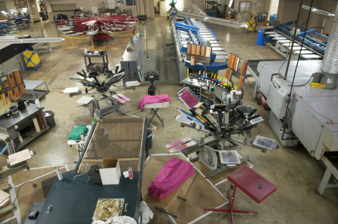 ariel view of a screen printing shop.