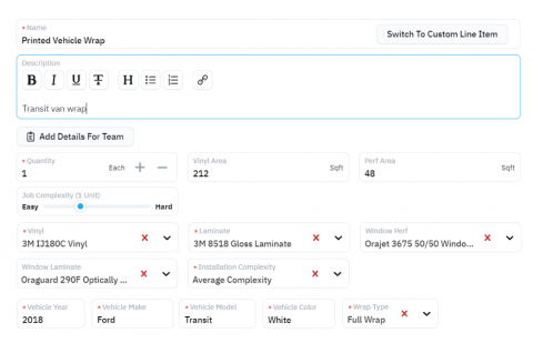 Vehicle Wrap product pricing template.